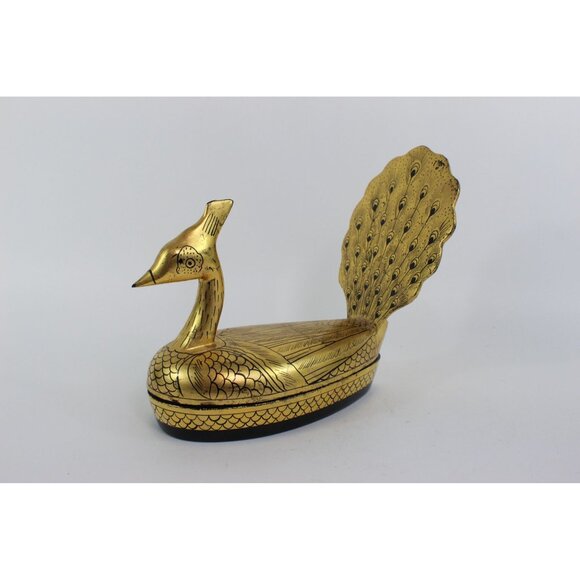 Vintage Lacquer Peacock Box • Hand Painted Kashmiri Papier Mache • Gold Black De - Picture 1 of 15